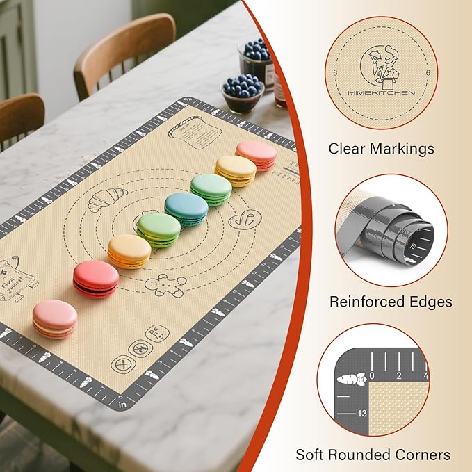 Silicone Baking Mat with Cookie Recipes, Extra Thick Silicone Mat for Baking Macaron, Bread, Pizza, Non Stick Pastry Mat for Dough Rolling Out, Heat Resistant to 480°F for Baker
