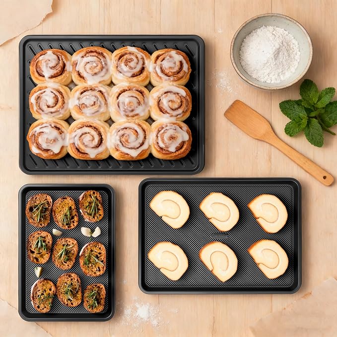 3 Pack Baking Sheet Pan Set, 0.8mm Thick Nonstick Cookie Sheets for Oven, Half/Quarter/Jelly Roll Pans for Oven, Heavy Duty Baking Trays for Oven with Diamond Texture