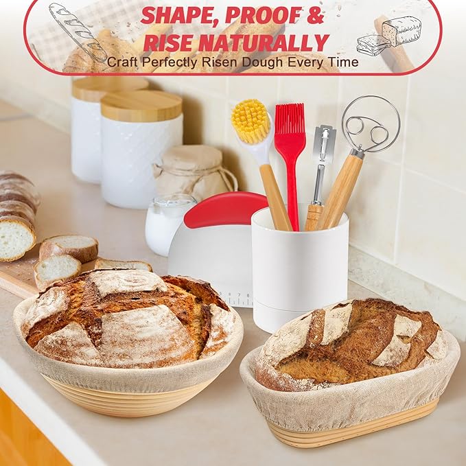 EWFEN Sourdough Starter Kit with Round & Oval Banneton, Complete Sourdough Bread Baking Supplies, Bread Proofing Basket with Starter Jar, Bread Making Tools Kit for Beginners & Bakers