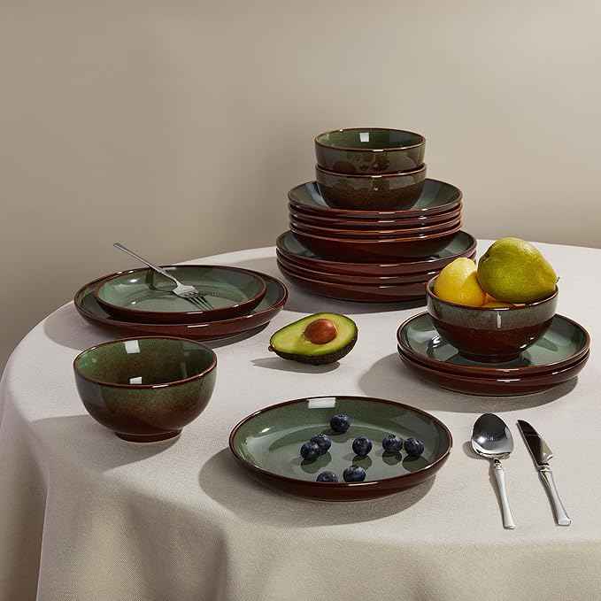 Stoneware Dinnerware Sets Service for 12, 36 pcs Reactive Glaze Plates and Bowls Sets, Handmade Ceramic Dish Set, Highly Chip and Crack Resistant Modern Plate Set, Brown Green