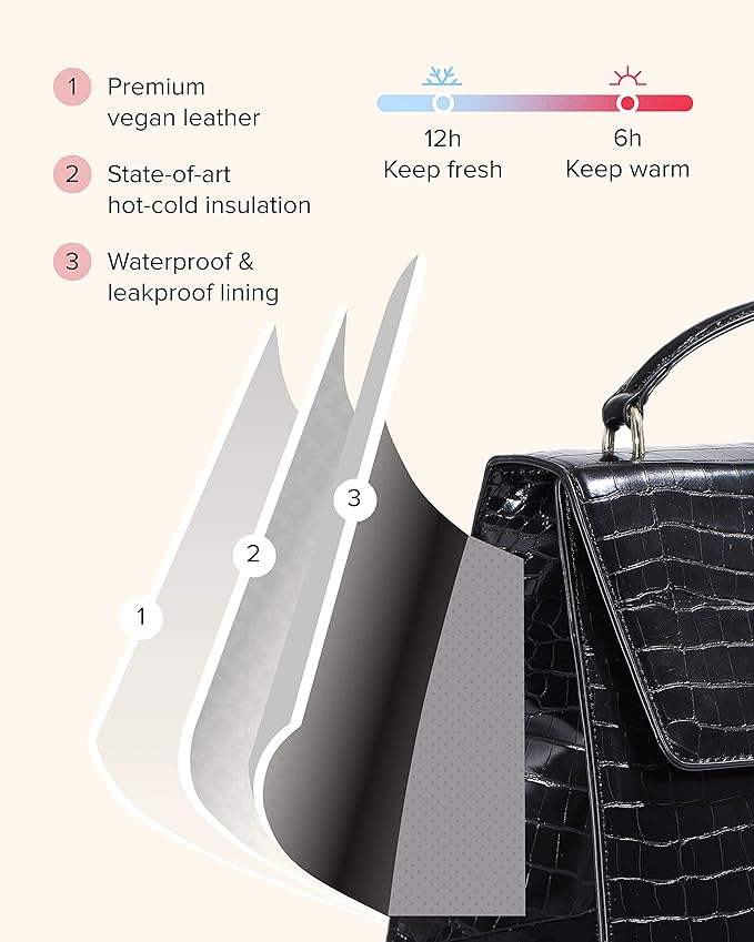 BEAUTYGOODIES - Large Insulated Lunch Bag, Black Croc Purse and Bag for Work, Lunch and Picnics. Designer Croc with Vegan Leather, Classy, Insulated Lunch Tote Bag for Women. Cute and a Great Gift !