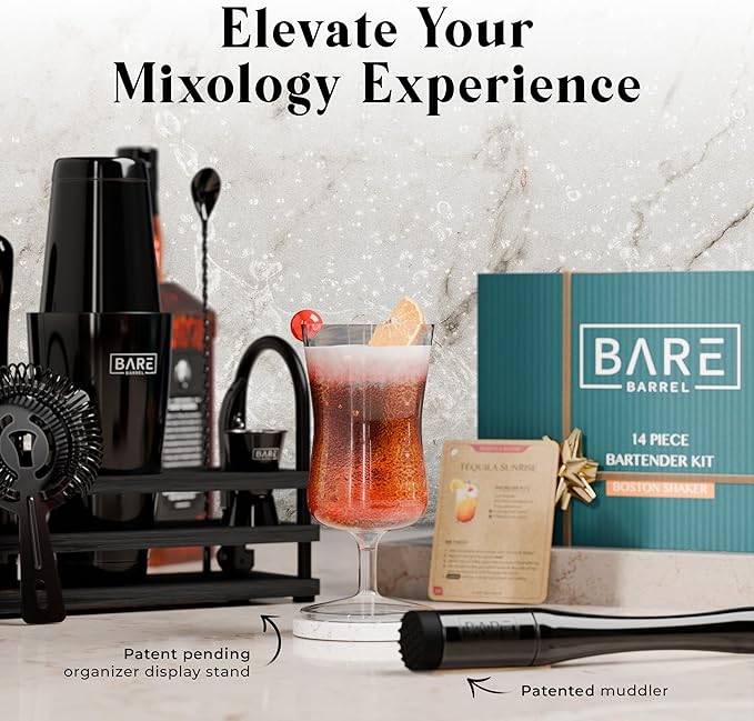 BARE BARREL® Mixology Bartender Kit Bar Set | 14-Piece Cocktail Shaker Set | Martini Barware Mixing Tools for Home Bartending | 35 Recipe Cards | Gift Set (28oz Boston Shaker, Jet Black/Black)