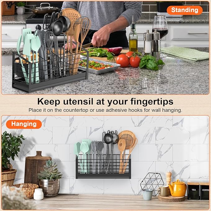 Extra Large Utensil Holder for Kitchen Counter, Kitchen Cooking Utensil Holder Organizer Kitchen Utensil Racks with Drying Base Cooking Tools Storage for Countertop Sink Cutlery Holder, 4 Compartments