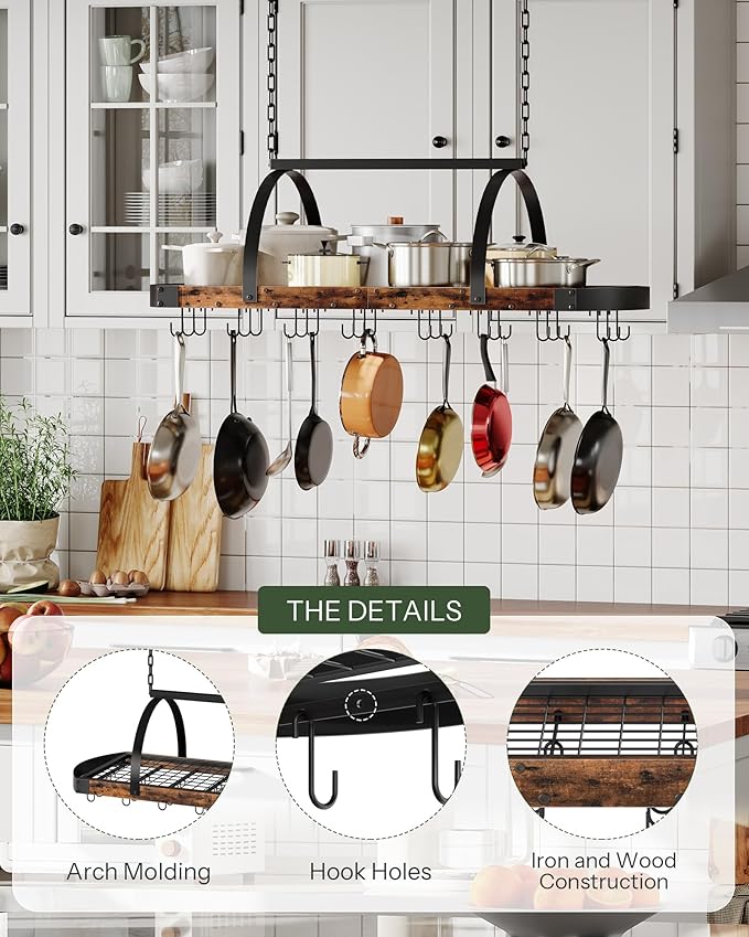 CHOEZON Hanging Pot Rack, Pot Hanger for Kitchen, Ceiling Mounted Pot Holder, Cookware Organizer with 24 S-Shaped Hooks, for Pot, Pan Storage, Space-Saving, Rustic Brown and Black TPR28BF
