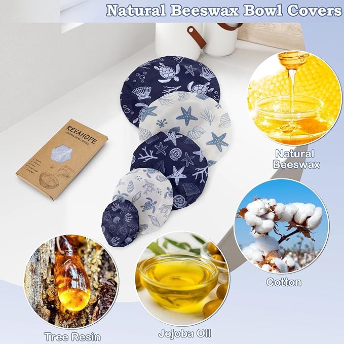 5-Size Reusable Beeswax Bowl Covers for Bread Proofing, Cotton Cloth Flexible Beeswax Wraps for Food Storage(Ocean Series)