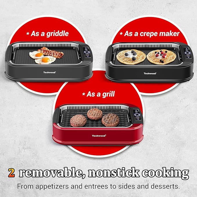 Indoor Smokeless Grill, Techwood 1500W Electric Indoor Grill with Tempered Glass Lid, Portable Non-stick BBQ Korean, Turbo Smoke Extractor Technology, Drip Tray& Double Removable Plate, Black