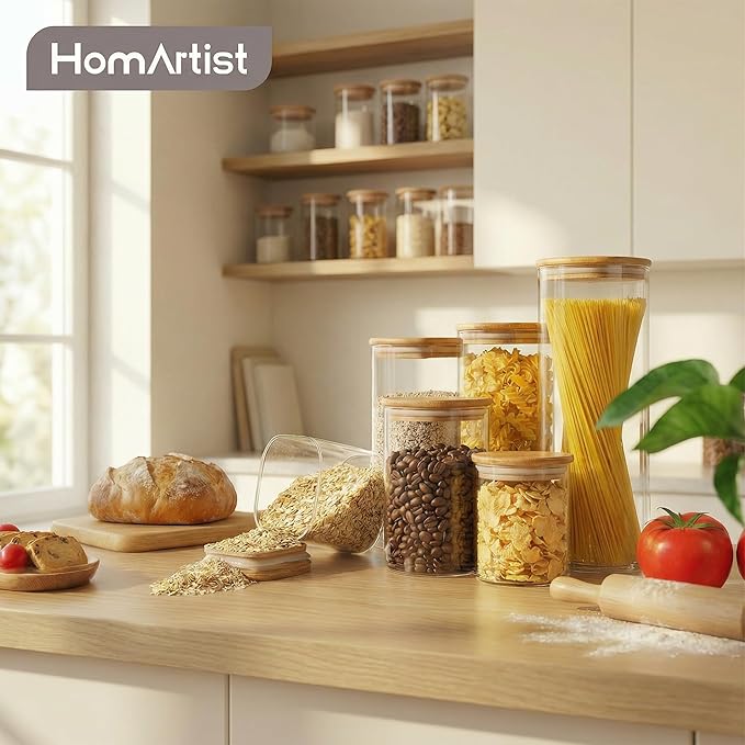 HomArtist Glass Jars with Bamboo Lids [Muti Size Set of 5], Glass Canisters with Airtight Lids, Glass Food Storage Containers for Pasta, Oats, Coffee, Flour, Sugar, Rice, Best for Kitchen & Pantry
