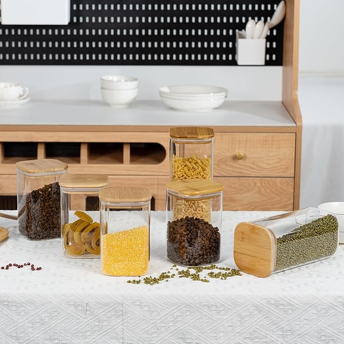 D2scrma 52oz Airtight Glass Square Storage Canister with Bamboo Lid Set of 3 (1550ml) Container Stackable Spice Jar, Kitchen Canister for Flour, Cookies, Cereal and Coffee beans (‎with Black Lable)