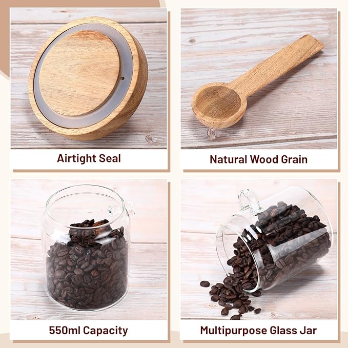 Remerry Set of 6 Glass Jar with Wooden Lid and Spoon, Clear Airtight Spice Canisters Glass Food Storage Kitchen Containers Set for Coffee Bean Tea Sugar (13.5 oz)