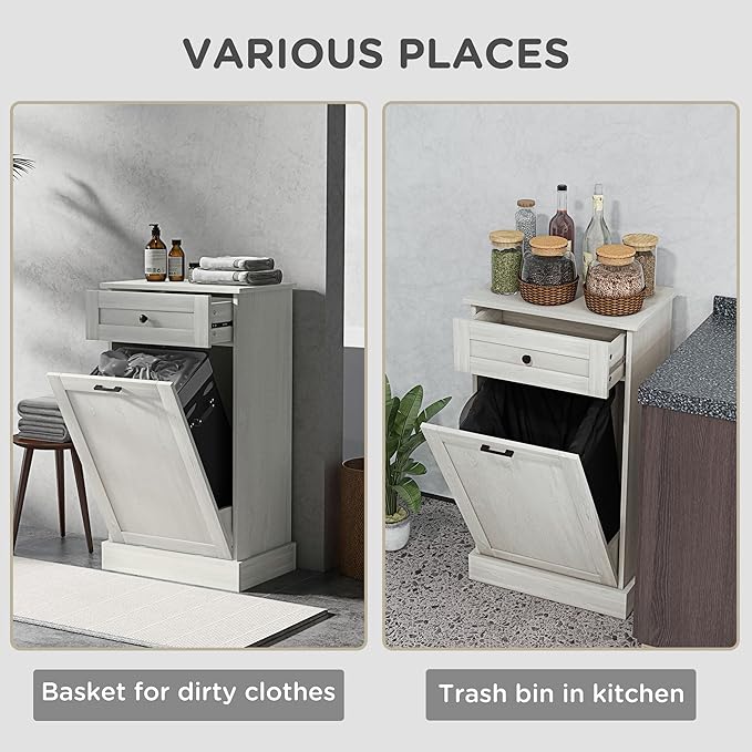 HOMCOM 10 Gallon Tilt Out Trash Cabinet, Wooden Hidden Trash Can with Storage Drawer for Kitchen, Laundry Hamper Cabinet for Bathroom, Light Gray