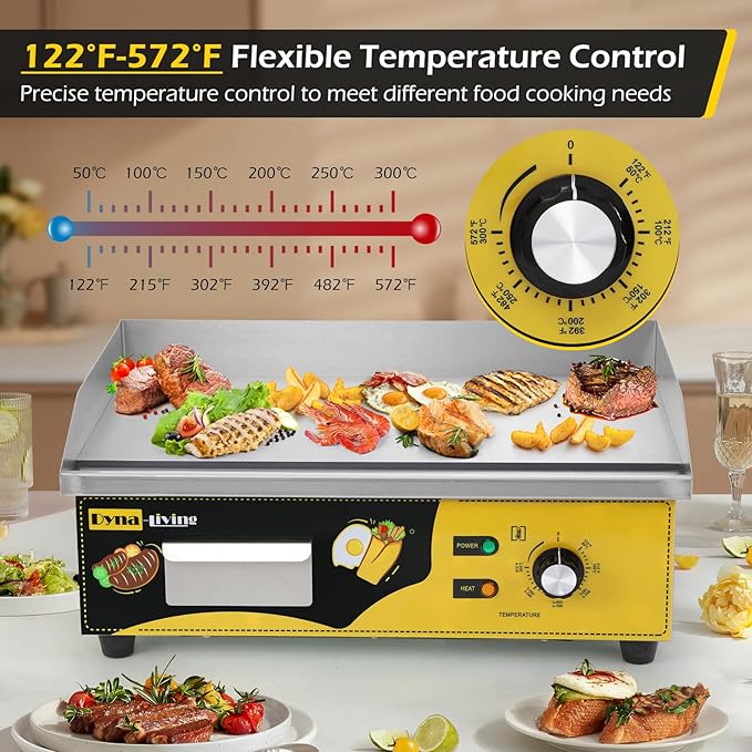 Dyna-Living Commercial Electric Griddle 22'' Stainless Steel Countertop Griddle 3000W 110V Flat top Grill Electric for Home Kitchen, Restaurant, 122℉-572℉ Temperature Adjustable