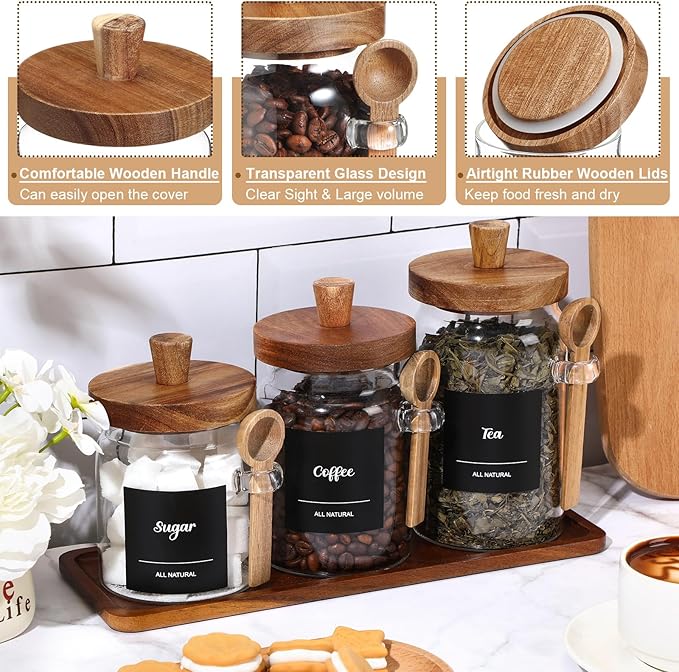 Suclain 3 Pcs Glass Coffee Container with Wooden Lid Spoon Shelf Labels Clear Airtight Jar Food Storage Canister Set for Sugar Spice Coffee Bean Holder Housewarming Gift(13.5,20,25 oz,Acacia Brown)