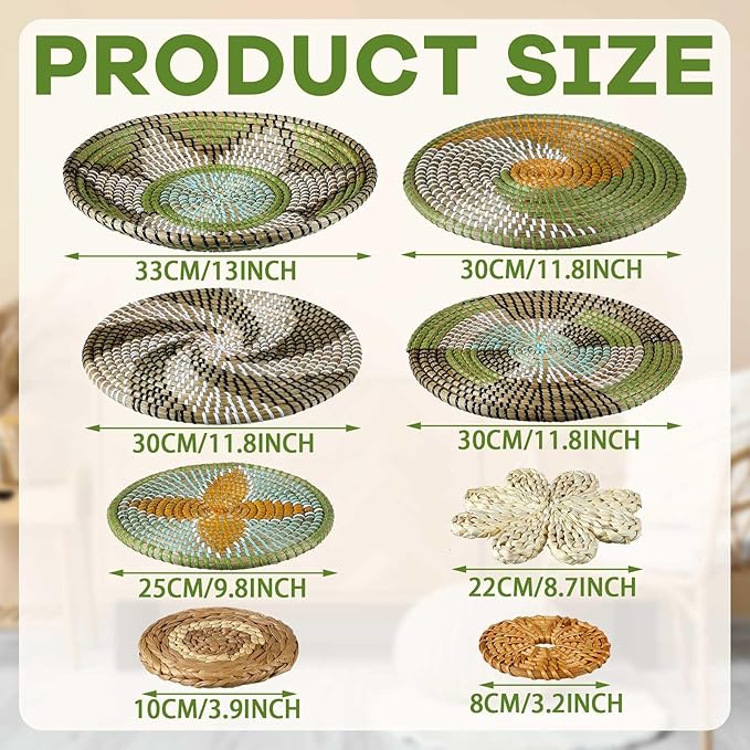 Tatuo 11 Pcs Boho Wall Basket Decor Bulrush Woven Wall Hanging Art Round Farmhouse Rustic Handmade Wicker for Summer Home, Bedroom, Living Room, Kitchen Decorations, Multi Sizes(Stylish)