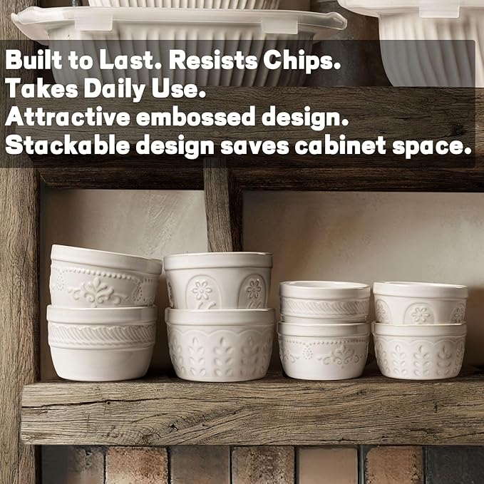 Artena Ramekins Oven Safe, Creme Brulee Ramekins, Embossed White Ceramic Souffle Pudding Custard Cups, Baking Dish, Dipping Bowls, Sauce Cups, Set Of 4 (Wheat Leaf, 4 oz)
