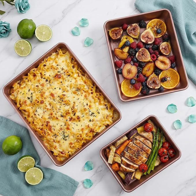 Deep Baking Pans Set of 3, Stainless Steel Sheet Cake Pan Nonstick Rectangle Cake-Baking Sheet, Metal Oven Tray 13/11/9 Inch for Cake Lasagna Brownie Casserole Cookie, Golden