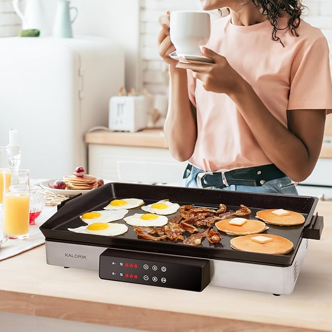 Kalorik Electric Griddle & Double Burner Cooktop MAXX Series 2-in-1 Cooker 22-Inch Cooking Surface 500F Max Temperature Teppanyaki Griddle Plate, 1800-Watts, Stainless Steel