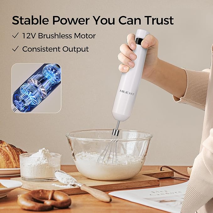 Cordless Hand Blender, 12V Rechargeable Immersion Blender with Brushless Motor, 60+ Bowls per Charge, 2-Blade, Auto Lock, Whisk & Frother for Soup, Smoothies, Baby Food