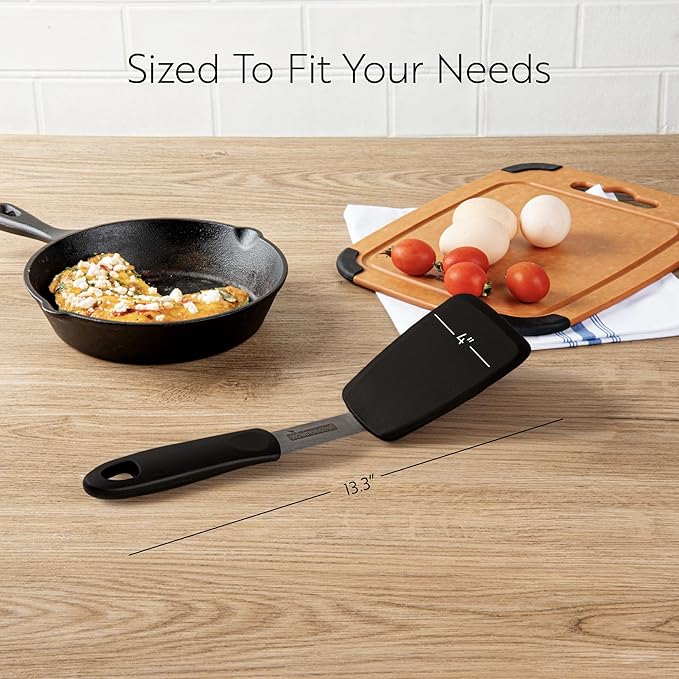 Comfy Grip 13.3 x 4 Inch Silicone Turner, 1 Durable Cooking Turner - Stainless Steel Body, Rubber Handle with Hole, Black Silicone Flipper Spatula, Tolerates up to 446F, Dishwashable - Restaurantware