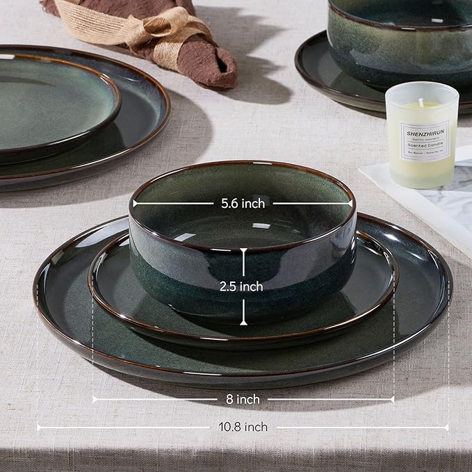E-far Dinnerware Sets for 8, 24-Piece Stoneware Plates and Bowls Set, Ceramic Dishes Reactive Glaze Dinning Ware, Microwave & Dishwasher Safe - Obsidian Green
