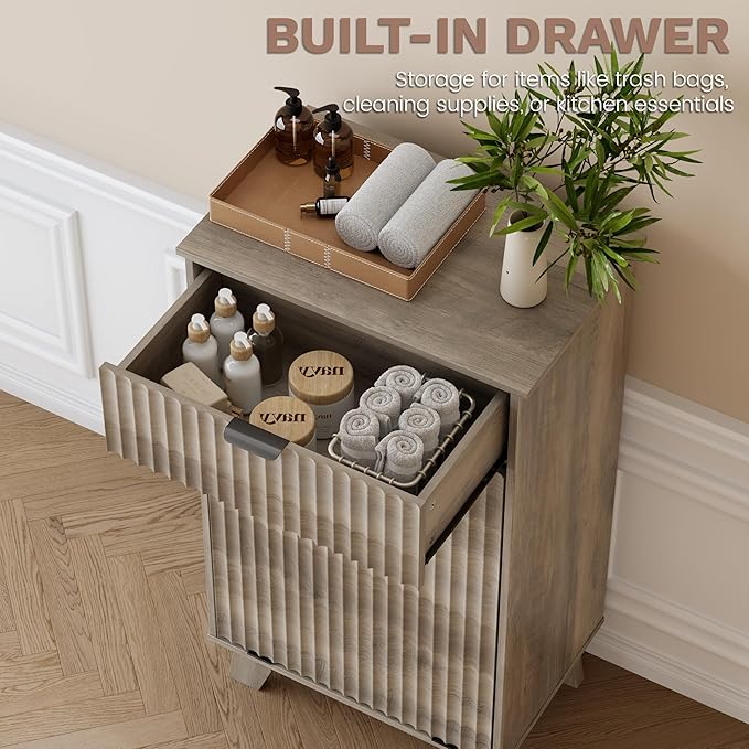 Modern Tilt Out Laundry Hamper Cabinet, 10 Gallon Wooden Trash Can Cabinet with Storage Drawers, Hidden Fluted Garbage Can Holder for Kitchen, Living Room (Wood Grey, 20.47"W x 35.83"H x 13"D)