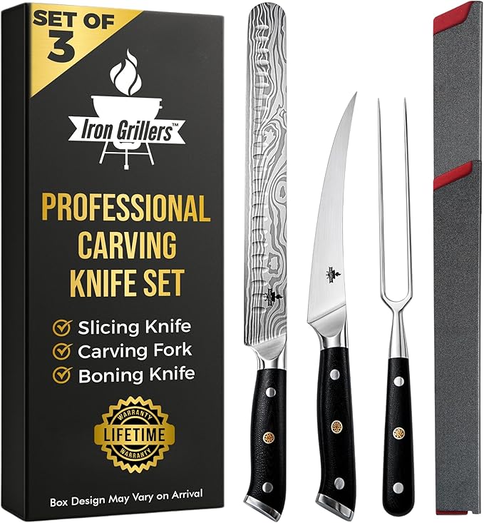 Brisket Knife Set for Meat Carving & BBQ - 12" Slicing Knife, 6" Boning Knife & Carving Fork for Smooth Meat Cutting, Full Tang & Ergonomic - Razor Sharp German Steel, Grilling Gifts for Men