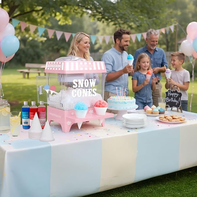 Nostalgia Snow Cone Shaved Ice Machine - Retro Table-Top Slushie Machine Makes 20 Icy Treats - Includes 2 Reusable Plastic Cups & Ice Scoop - Pink