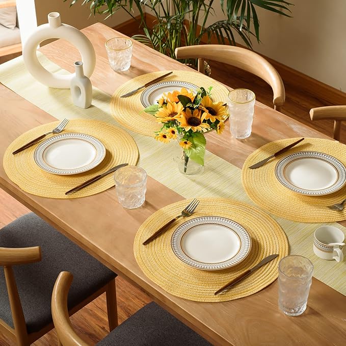 FunWheat Round Braided Placemats Set of 8 Place mats for Dining Tables Woven Heat Resistant Table Mats 15 inch(E Yellow, 8pcs)