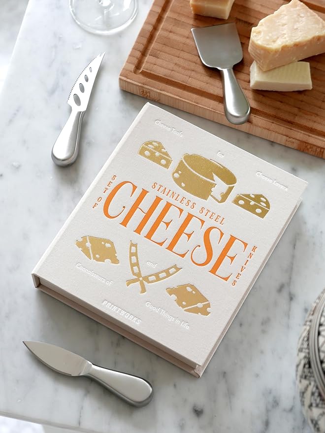 PrintWorks The Essentials, Cheese Knife Set – 3 Pieces Stainless Steel Gift Set with Pronged, Chisel, and Heart Knives – Stylish Charcuterie Accessories and Dishwasher Safe