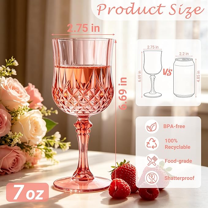 Plastic Wine Glasses, Plastic Goblets Vintage Style Cordial Unbreakable Drinking Glasses, Reusable Drinkware for Wedding Reception, Grand Event Party Supplies (24, Rose Gold)
