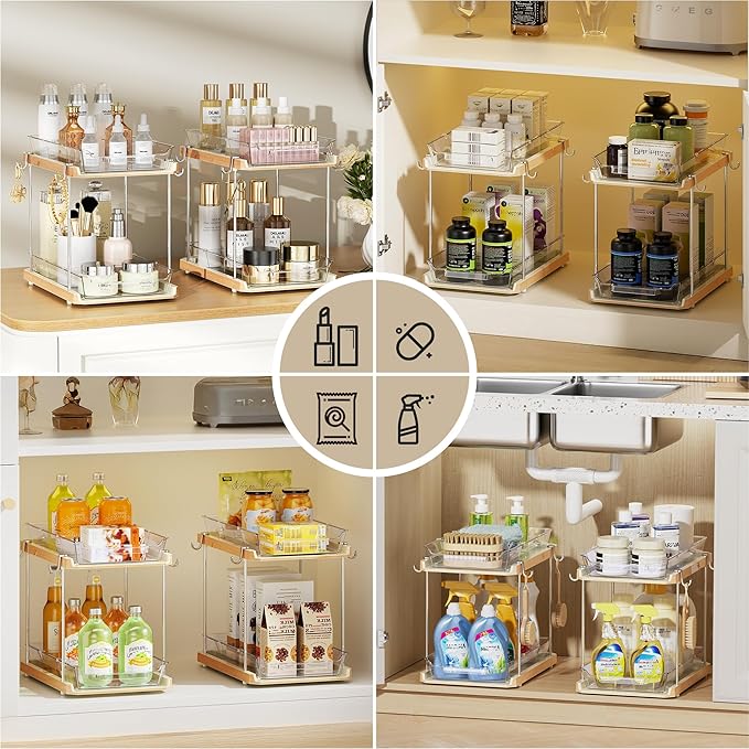 Delamu 2 Tier Bathroom Under Sink Organizers and Storage with Hook, Multi-Purpose Cabinet Drawers with Movable Dividers, Pull Out Organization for Countertop, Kitchen and Pantry(Wood Grain, 4 Pack)