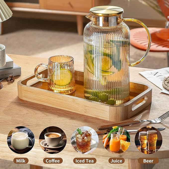 Buaic Glass Pitcher with Lid, 2 PACK 84 oz/ 2.5 Liter Amber Classic Vertical Stripes Water Pitcher,Glass Water Carafe for Cold Brew, Coffee, Lemonade, Iced Sun Tea,Beverage, Milk, Heat Resistant