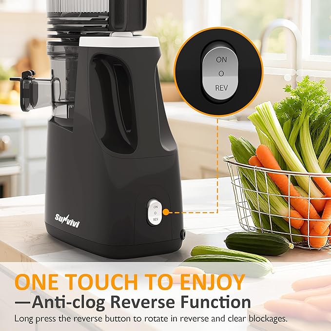 Sunvivi Cold Press Juicer with 5.9" Wide Feed Chute, 250W Slow Masticating Juicer Machines Fit Whole Vegetables & Fruits, Easy to Clean, Dual-Layer Strainer, High Yield Juicer for Home, Black