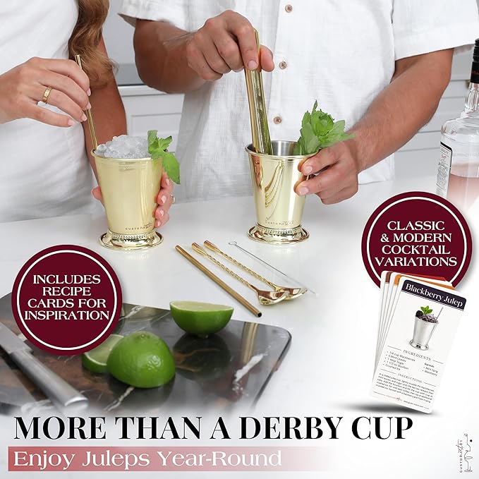 Gusto Nostro Mint Julep Cups Set of 4 - Stainless Steel Julep Cup Kit with Straws, Muddler, Spoon, Recipes, Vases - Southern-style Cocktail Glasses for Home Bar - Stainless Steel Cocktail Cups (Gold)