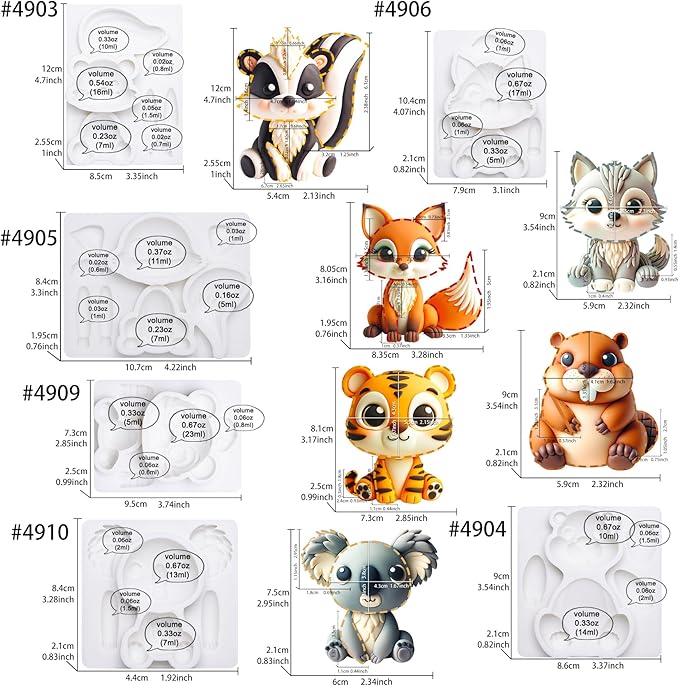 Fondant Molds Woodland Animal Cake Topper 6-count Kit Fox Wolf Tiger Koala Skunks Beavers