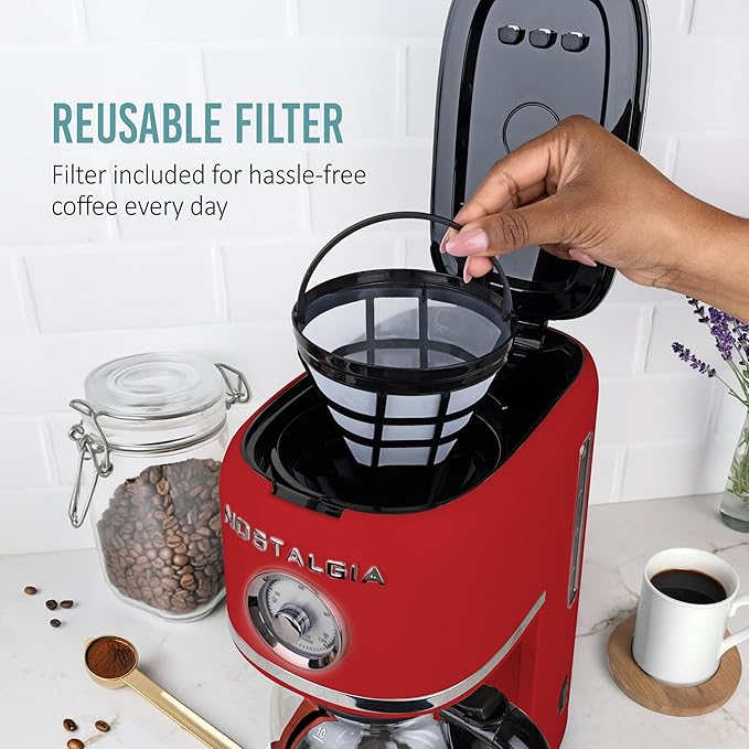 Nostalgia Classic Retro 10 Cup Coffee Maker - One-Touch Drip Brew, Reusable Filter - Anti-Drip, Auto Shutoff, & Time Display - Dishwasher Safe 50 oz Carafe - Red
