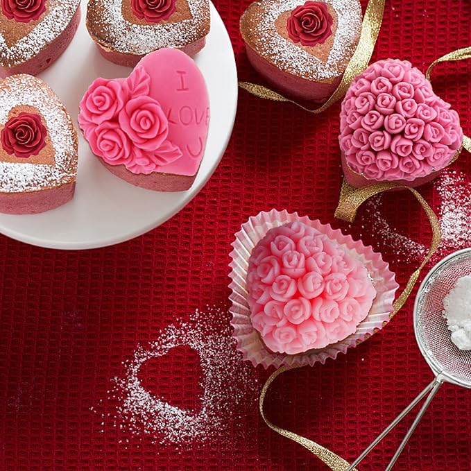 4 Pcs 3D Rose Flower Silicone Molds Mother's Day Fondant Mold Wedding Fondant Cake Molds Heart Candy Silicone Molds Chocolate Mould for Cake Topper Polymer Clay Soap Wax Making Party Supplies