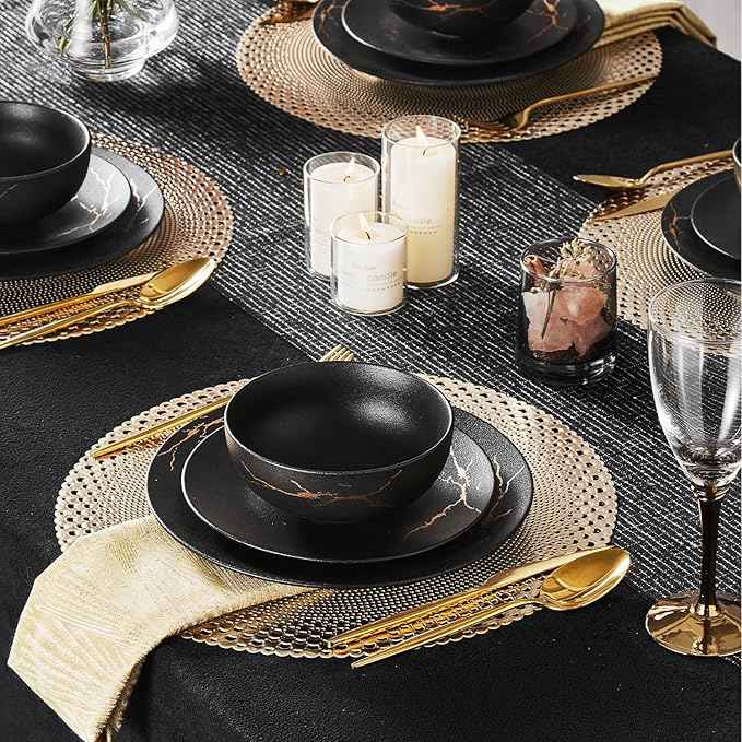 KINGSTONE Porcelain Dinnerware Sets for 4 Plates and Bowls Sets 12 Piece Matte Black Gold Vein Dish Set Scratch Resistant Dinner Salad Plate Dishware for Family Wedding Party Daily