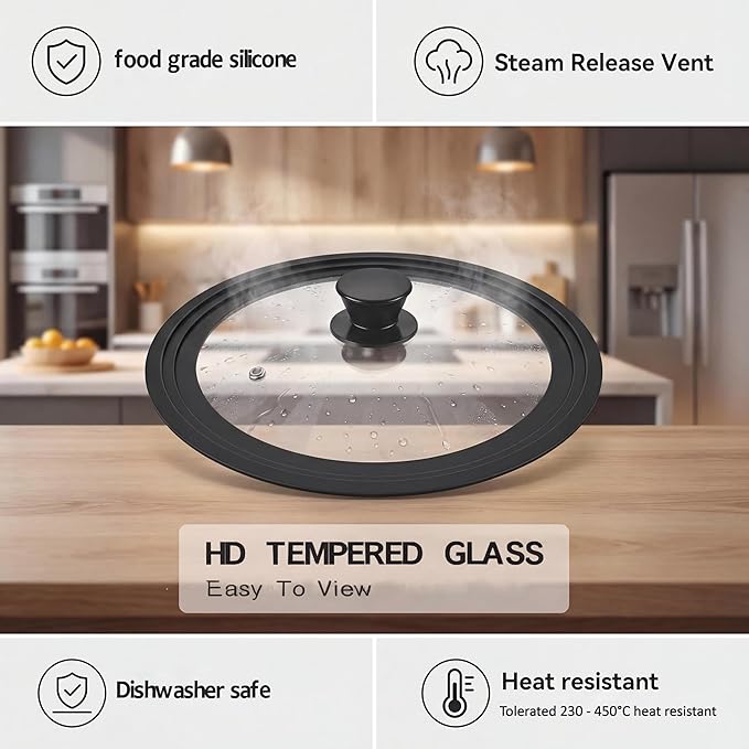 Universal Lid for Pots Pans and Skillets, 11&12&13 inch, Diameter Cookware, Silicone Replacement Pan Lid Pot Lids for Frying Pans, Cast Iron,Tempered Glass Lid