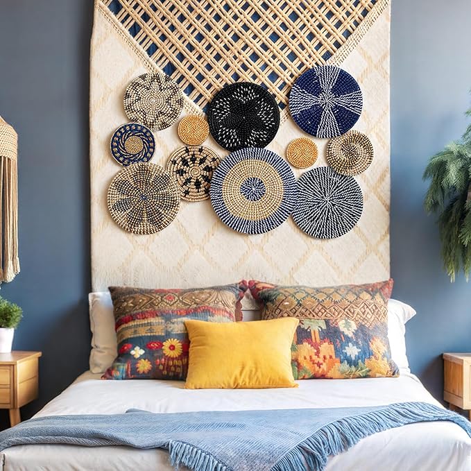 Tatuo 11 Pcs Boho Wall Basket Decor Bulrush Woven Wall Hanging Art Round Farmhouse Rustic Handmade Wicker for Summer Home, Bedroom, Living Room, Kitchen Decorations, Multi Sizes(Blue)