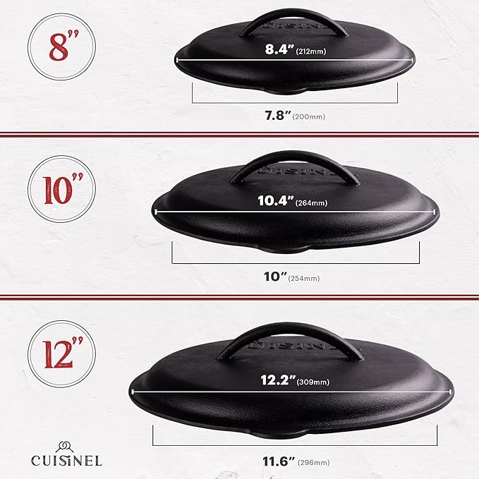 Cuisinel 12" + 10" + 8"-Inch Cast Iron Skillets Set with Braiser Lids + Silicone Handle Grips + Pan Scraper - Indoor/Outdoor Pre-Seasoned Kitchen Cookware - Oven, Fire, Stove Safe