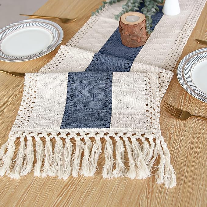 FEXIA Boho Blue Table Runner 72 Inches Long with Tassels Macrame Farmhouse Style Party Rustic Wedding Baby Bridal Shower Dining Decor (12x72 Inches)