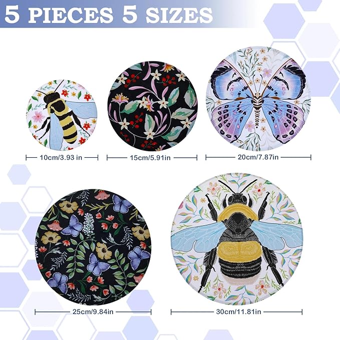 5-Size Reusable Beeswax Bowl Covers for Bread Proofing, Cotton Cloth Flexible Beeswax Wraps for Food Storage(Honeybee)