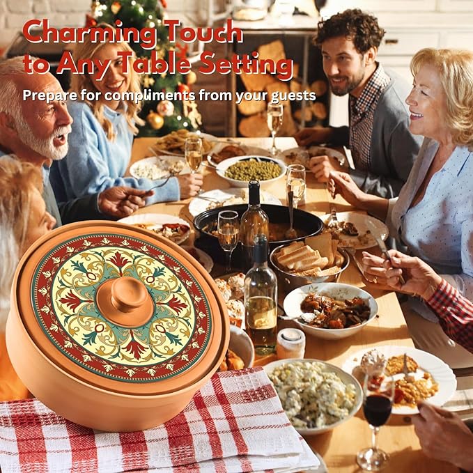 Authentic Terracotta Tortilla Warmer w Decorative Lid, Mexican Terra Cotta Tortilla Holder w Warmer Cloth, Traditional Clay Tortillas Keeper Heater & Tortillero, Arabesque