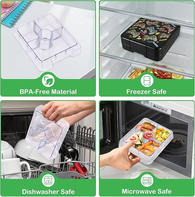 Pawtong Bento Lunch Box Set With 10oz Soup Thermo, Leak-proof Lunch Containers with 4 Compartment, Kids Hot Thermo Food Jar/Insulation Lunch Bag, Food Containers for School (Black-Games)