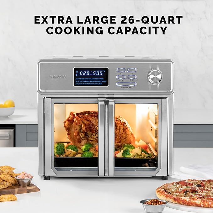 Kalorik MAXX Air Fryer Oven, 26 Quart 10-in-1 Countertop Toaster Oven & Air Fryer Combo - Fry, Bake, Roast, Rotisserie, & More, Large Glass French Doors & 9 Accessories, 1700-Watts, Stainless Steel