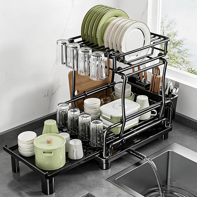 Large 2-Tier Expandable Dish Drying Rack, Heavy Duty Kitchen Countertop Dish Drainer Organizer with Utensil Holder, Extendable Space Saving Plate Storage Rack for Kitchen Sink Counter, Black