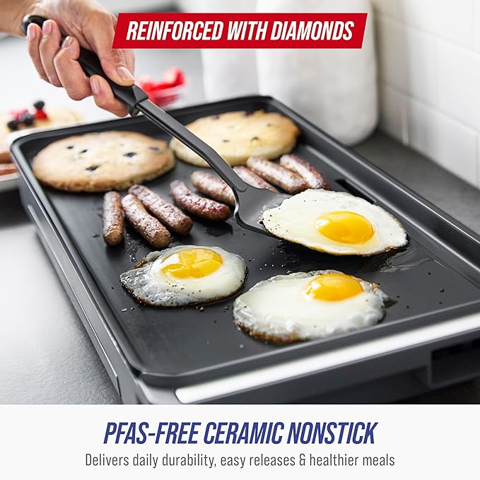 Blue Diamond 20” x 10.5” Extra Large Electric Griddle, Healthy Ceramic Nonstick Surface, Non-Toxic PFAS-Free, Temperature Control, Family Friendly, Removable Drip Tray, Easy Clean, Graphite