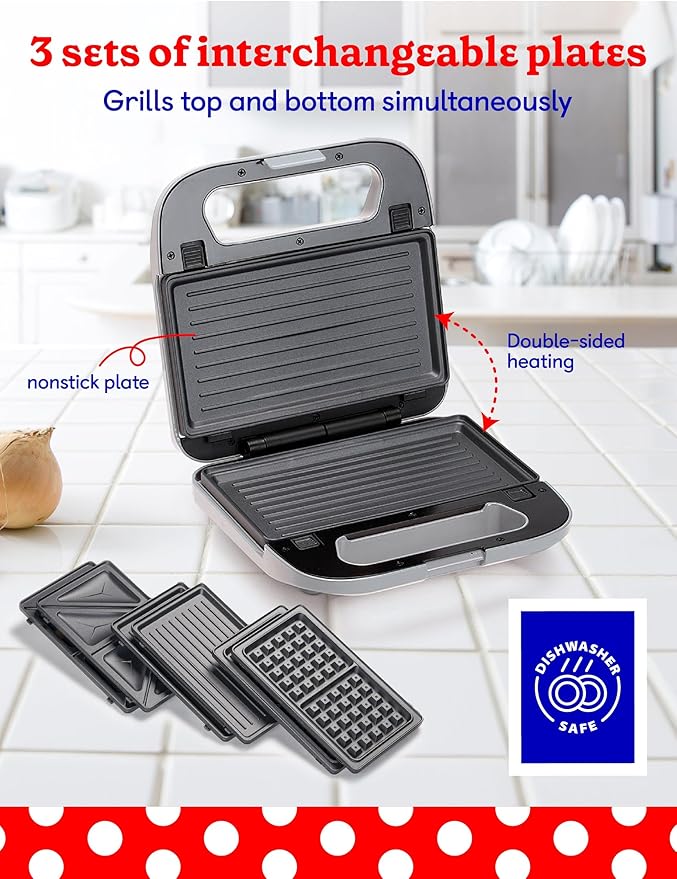 3-in-1 Indoor Grill, Sandwich/Panini Press & Waffle Maker Plus, Silver