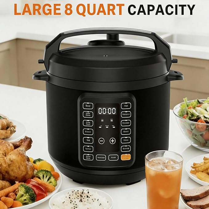 HealSmart 8QT Electric Pressure Cooker, 16-in-1 & Non-Stick Stainless Steel Multi Cooker with 12 Presets for Slow Cook, Meat Stew, Steam, Sauté, Canning, Yogurt Maker, Dishwasher Safe, Black