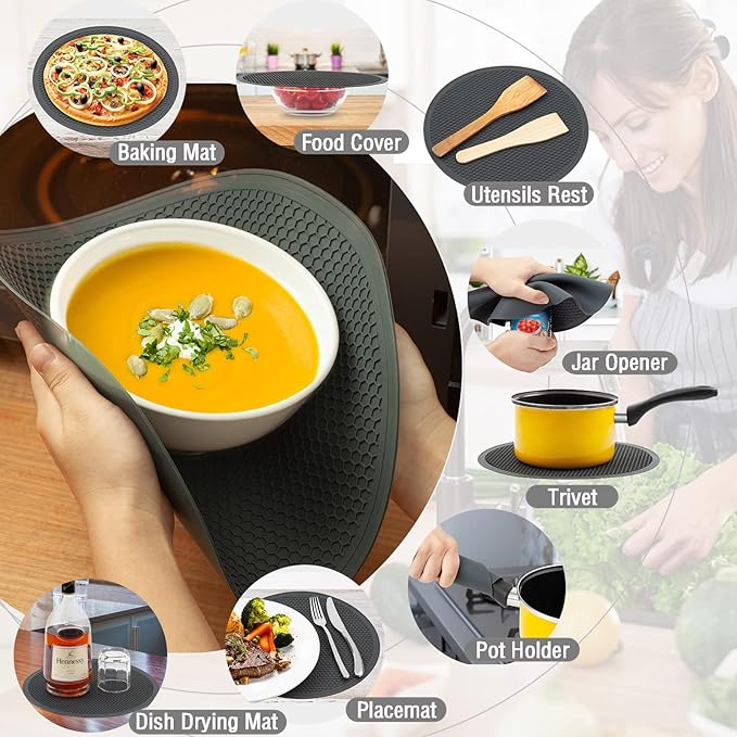 Microwave Splatter Cover & Silicone Mat – Collapsible, Vented, Reusable Food Guard and Plate Cover with Heat-Resistant Trivet for Pots, Pans, and Kitchen Counter, Black